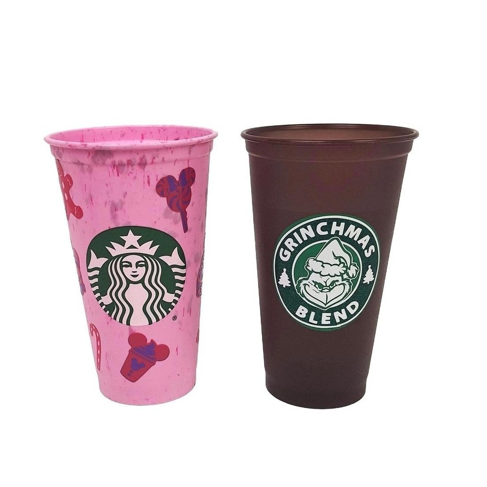 2 Starbuck 16oz Cold Reusable Christmas Themed Cups Brown/Pink Grinchmas Disney